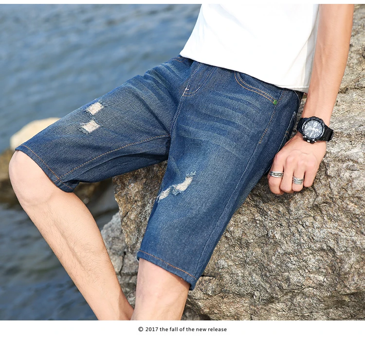 29-40 New Summer Men's Personalized Washable Perforated Denim Pants Large Casual Middle Pants