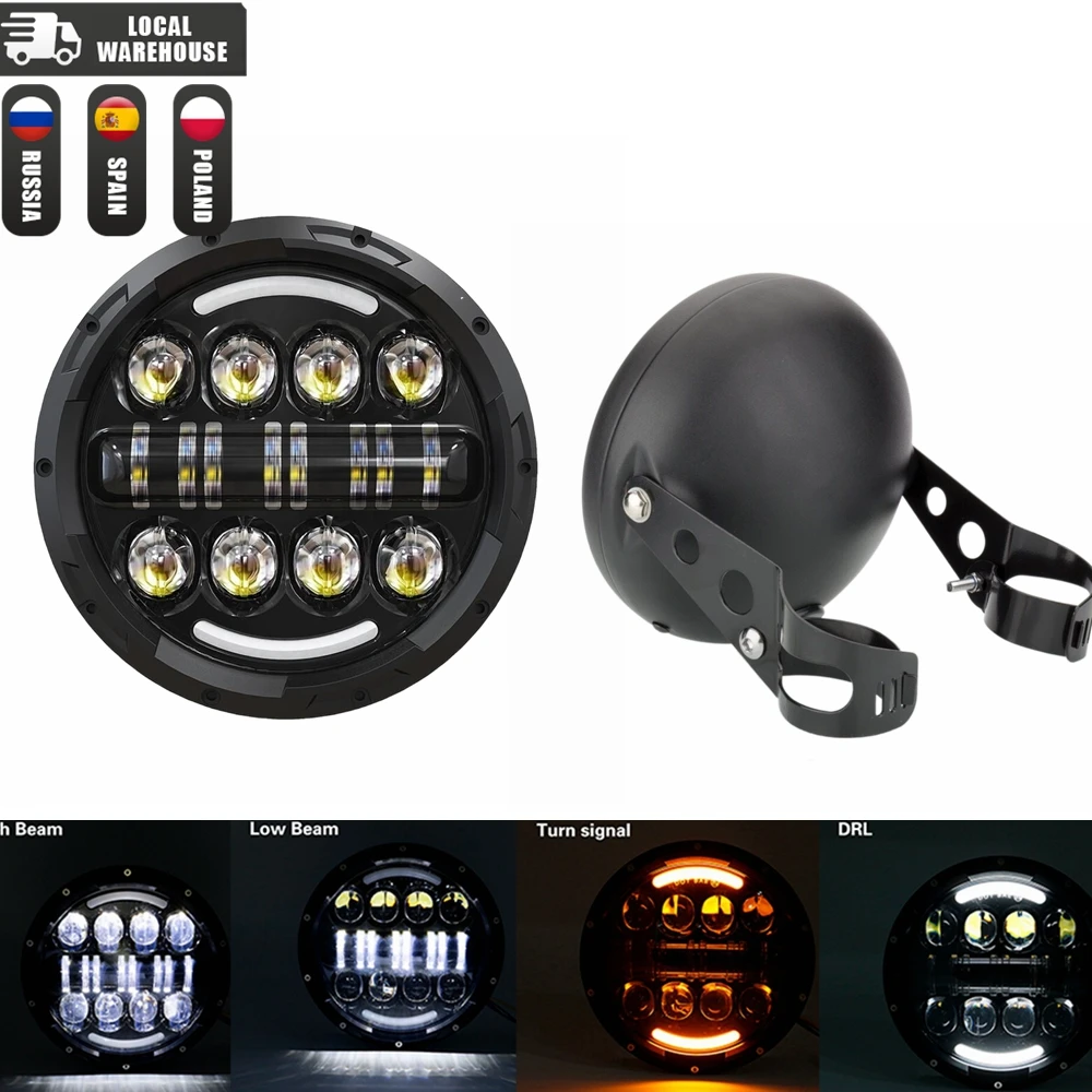 Universal 7" Led Motorcycle Headlight DRL H4 Headlamp For Honda Yamaha Suzuki Victory Kawasaki 7.5 Inch Lamp Housing Accessories