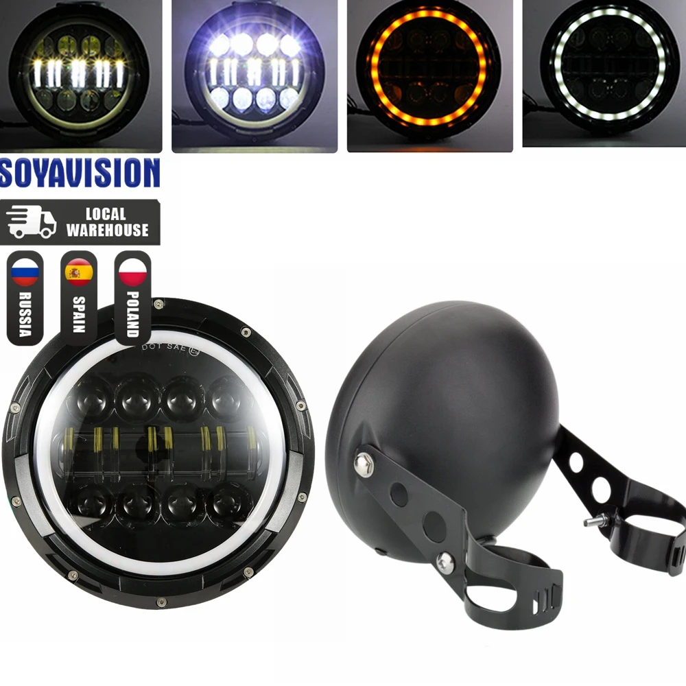Universal 7" Led Motorcycle Headlight DRL H4 Headlamp For Honda Yamaha Suzuki Victory Kawasaki 7.5 Inch Lamp Housing Accessories