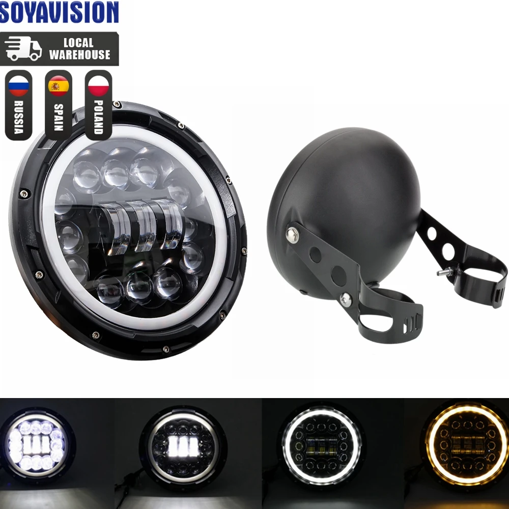 Universal 7" Led Motorcycle Headlight DRL H4 Headlamp For Honda Yamaha Suzuki Victory Kawasaki 7.5 Inch Lamp Housing Accessories