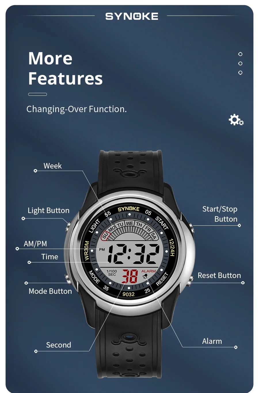 SYNOKE Electronic Watch For Mans Sport Watch Multifunction Sports Waterproof Luminous LED Digital Watch Boy Student Fashion