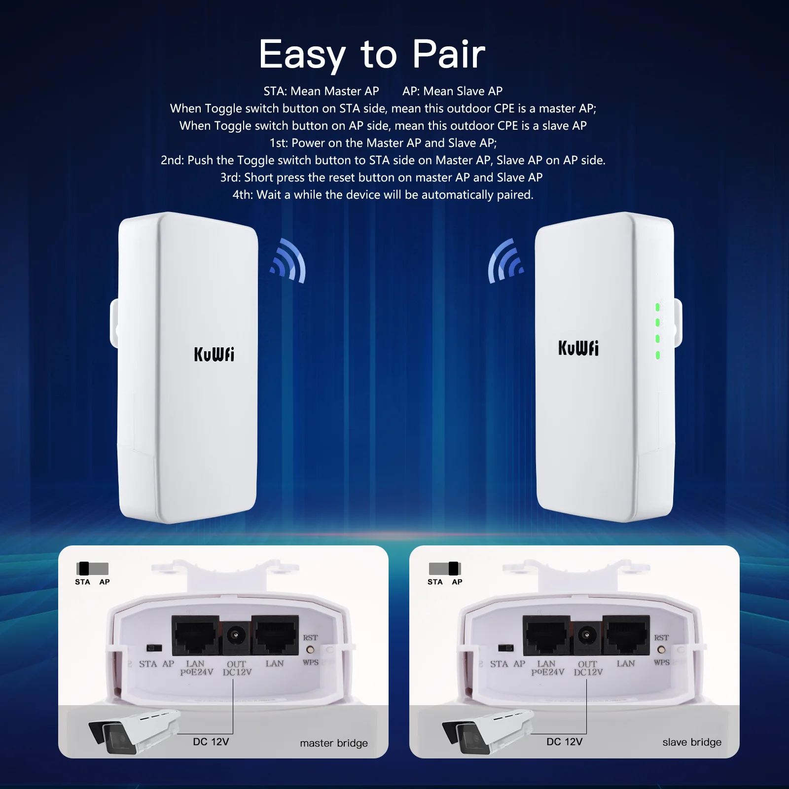 KuWFi 2.4Ghz 300Mbps Outdoor CPE Bridge Wireless Wifi Router AP Repeater Mode Long Range Extender Wireless Bridge PTP PTMP 1KM