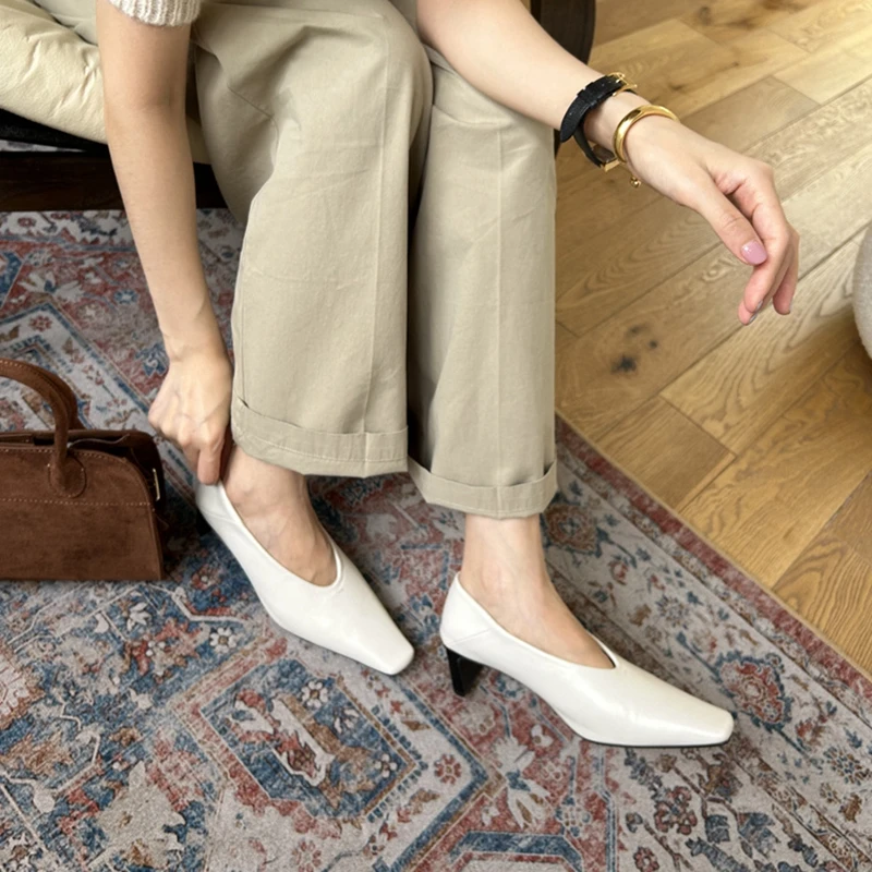 SUOJIALUN Autumn Women Pumps Shoes Fashion Shallow Slip On Ladies Eelgant Single Shoes Square High Heel Outdoor Dress Pumps