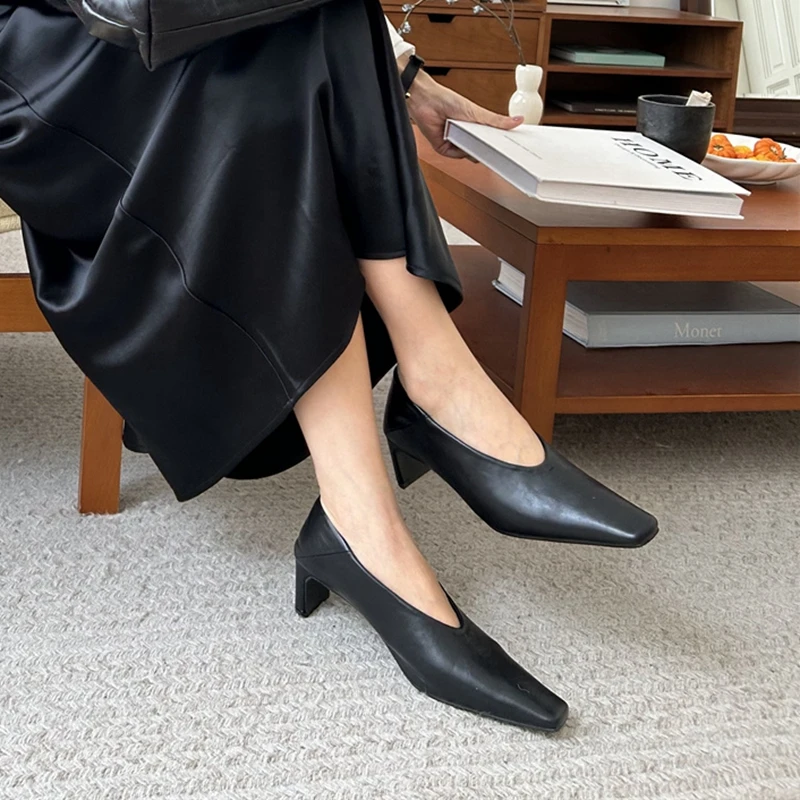 SUOJIALUN Autumn Women Pumps Shoes Fashion Shallow Slip On Ladies Eelgant Single Shoes Square High Heel Outdoor Dress Pumps