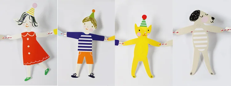 Cute Hands In Hands Boy Girl Cat and Dog Cartoon DIY Bunting Birthday Banner Flag Party Decoration Paper Flags Hanging Ornament