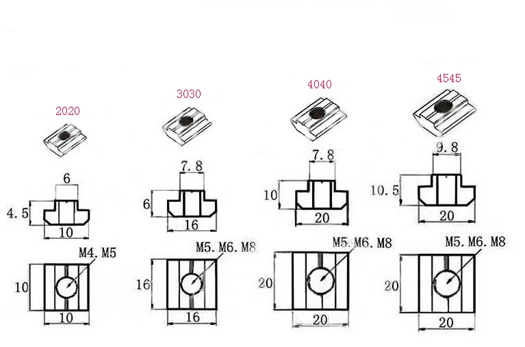 M3 M4 M5 M6 M8 M10 T Block Square nuts T-Track Sliding Hammer Nut for Fastener Aluminum Profile 2020 3030 4040 4545