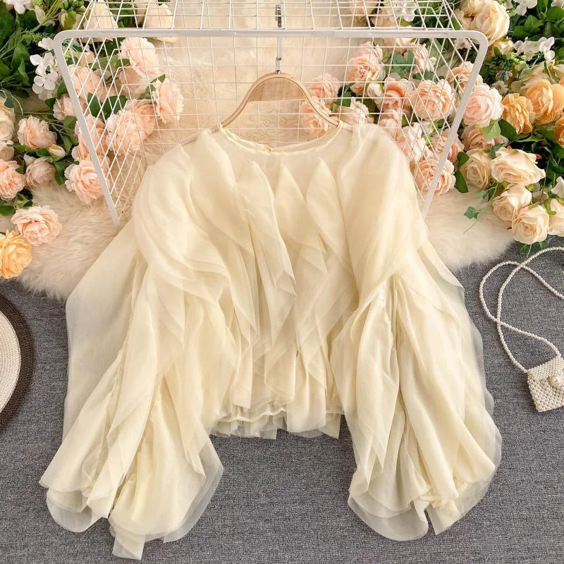 CHICEVER Elegant Shirts For Women O Neck Lantern Long Sleeve Asymmetrical Patchwork Ruffles Mesh Plus Size Blouses Female 2022