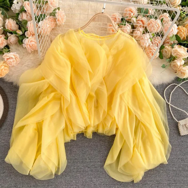 CHICEVER Elegant Shirts For Women O Neck Lantern Long Sleeve Asymmetrical Patchwork Ruffles Mesh Plus Size Blouses Female 2022