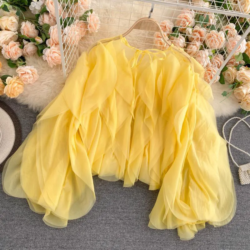 CHICEVER Elegant Shirts For Women O Neck Lantern Long Sleeve Asymmetrical Patchwork Ruffles Mesh Plus Size Blouses Female 2022