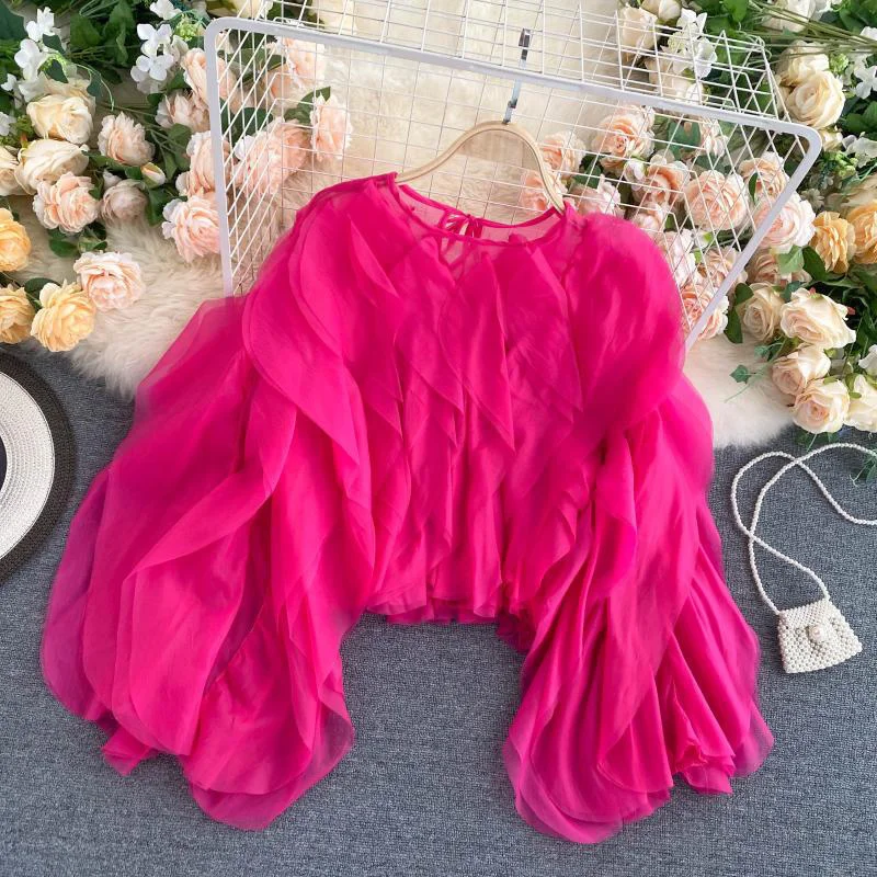 CHICEVER Elegant Shirts For Women O Neck Lantern Long Sleeve Asymmetrical Patchwork Ruffles Mesh Plus Size Blouses Female 2022