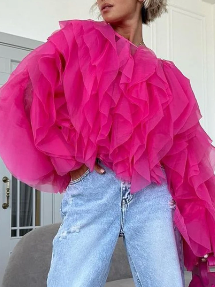 CHICEVER Elegant Shirts For Women O Neck Lantern Long Sleeve Asymmetrical Patchwork Ruffles Mesh Plus Size Blouses Female 2022