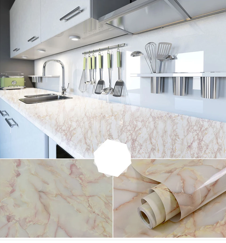 60CM Vinyl Self-adhesive Marble Wallpaper PVC DIY Waterproof Oilproof Wall Stickers Kitchen Bathroom Cabinets Counter Decoration