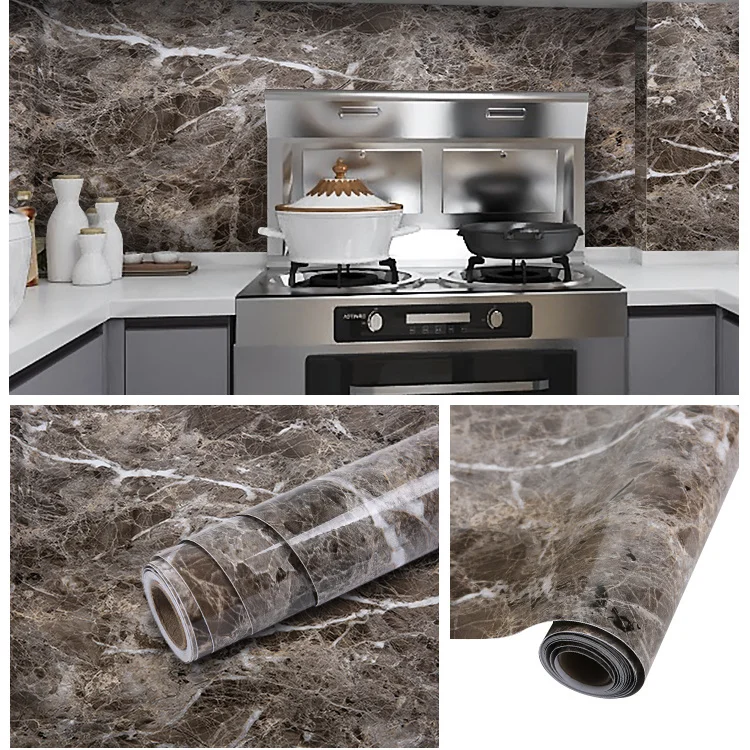 60CM Vinyl Self-adhesive Marble Wallpaper PVC DIY Waterproof Oilproof Wall Stickers Kitchen Bathroom Cabinets Counter Decoration