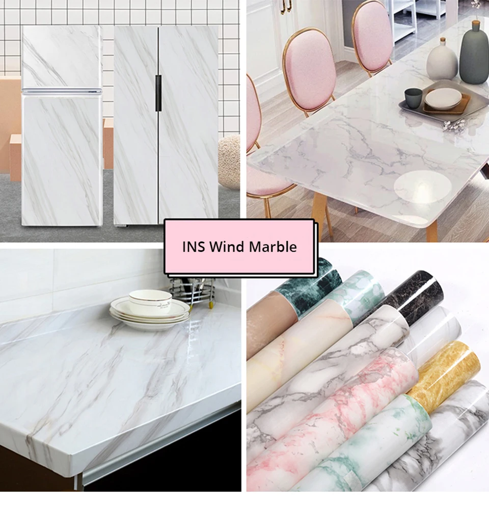 60CM Vinyl Self-adhesive Marble Wallpaper PVC DIY Waterproof Oilproof Wall Stickers Kitchen Bathroom Cabinets Counter Decoration