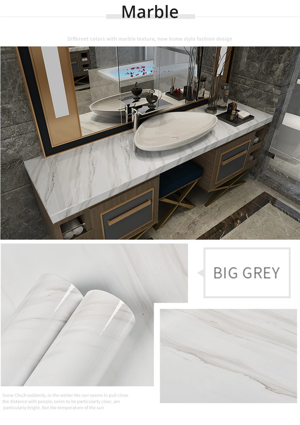 60CM Vinyl Self-adhesive Marble Wallpaper PVC DIY Waterproof Oilproof Wall Stickers Kitchen Bathroom Cabinets Counter Decoration