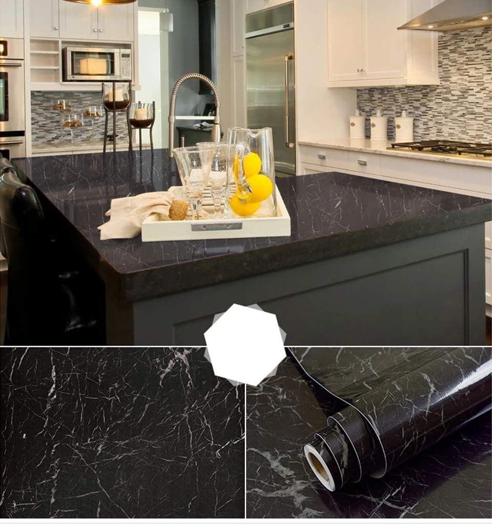 60CM Vinyl Self-adhesive Marble Wallpaper PVC DIY Waterproof Oilproof Wall Stickers Kitchen Bathroom Cabinets Counter Decoration