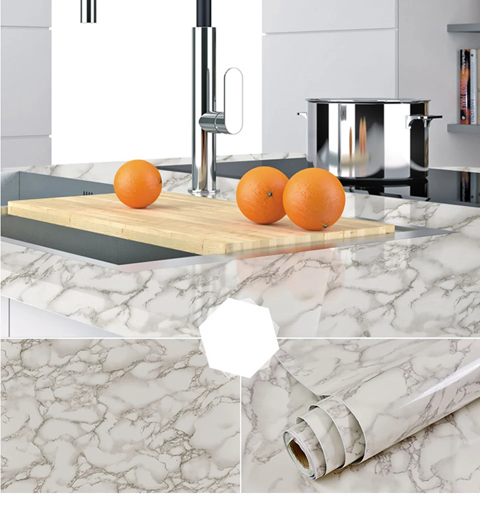 60CM Vinyl Self-adhesive Marble Wallpaper PVC DIY Waterproof Oilproof Wall Stickers Kitchen Bathroom Cabinets Counter Decoration