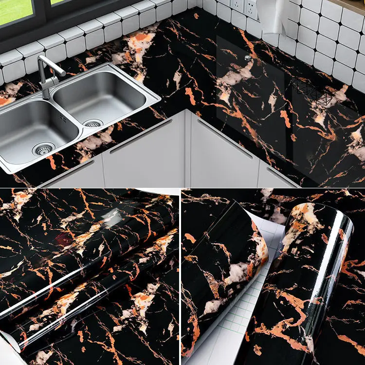 60CM Vinyl Self-adhesive Marble Wallpaper PVC DIY Waterproof Oilproof Wall Stickers Kitchen Bathroom Cabinets Counter Decoration