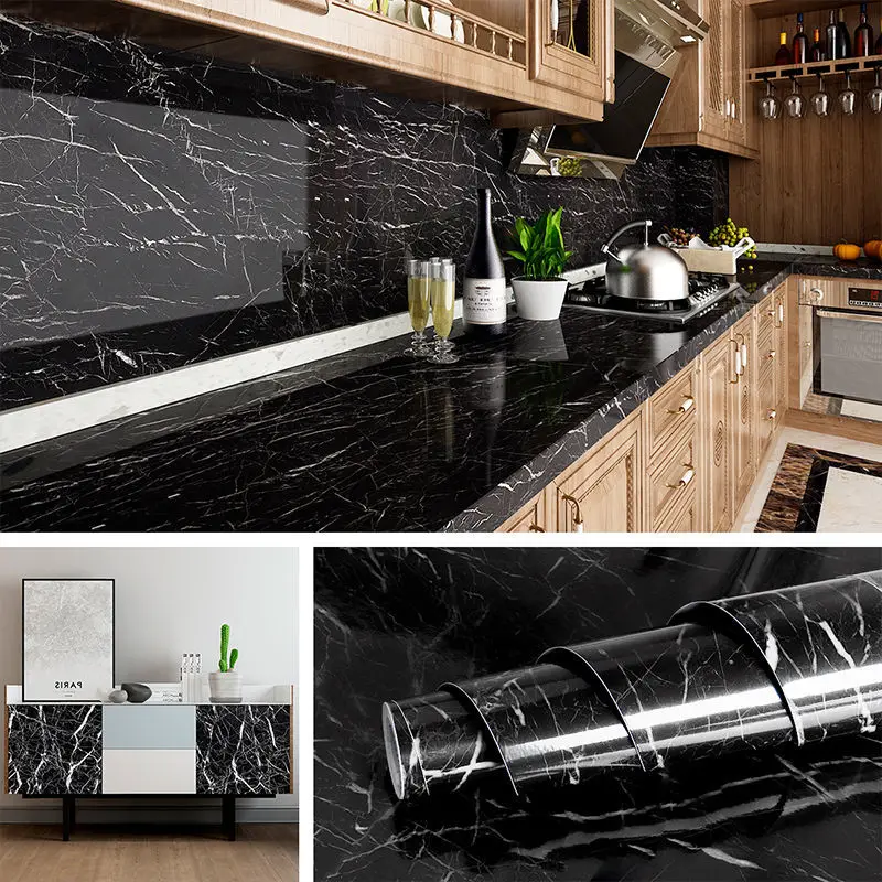 60CM Vinyl Self-adhesive Marble Wallpaper PVC DIY Waterproof Oilproof Wall Stickers Kitchen Bathroom Cabinets Counter Decoration