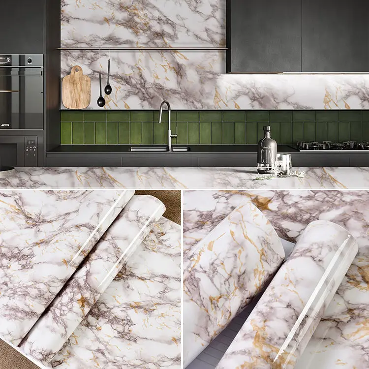 60CM Vinyl Self-adhesive Marble Wallpaper PVC DIY Waterproof Oilproof Wall Stickers Kitchen Bathroom Cabinets Counter Decoration