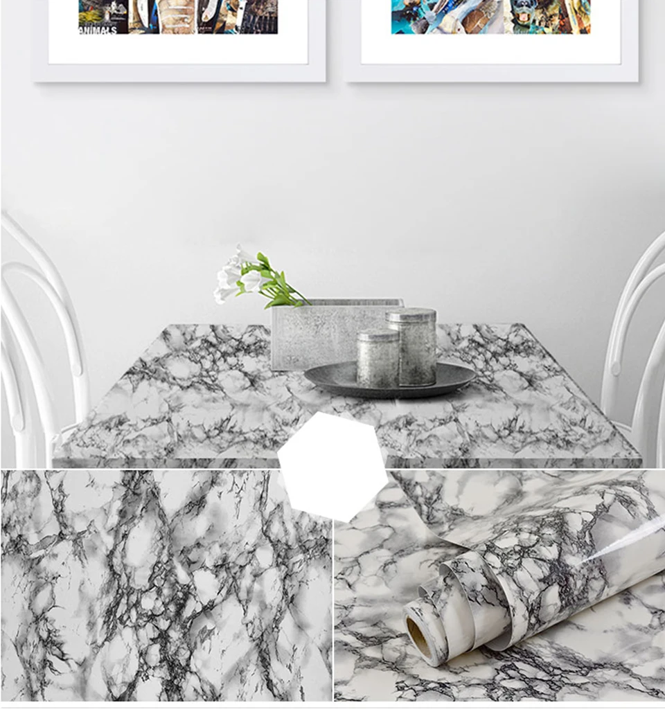 60CM Vinyl Self-adhesive Marble Wallpaper PVC DIY Waterproof Oilproof Wall Stickers Kitchen Bathroom Cabinets Counter Decoration