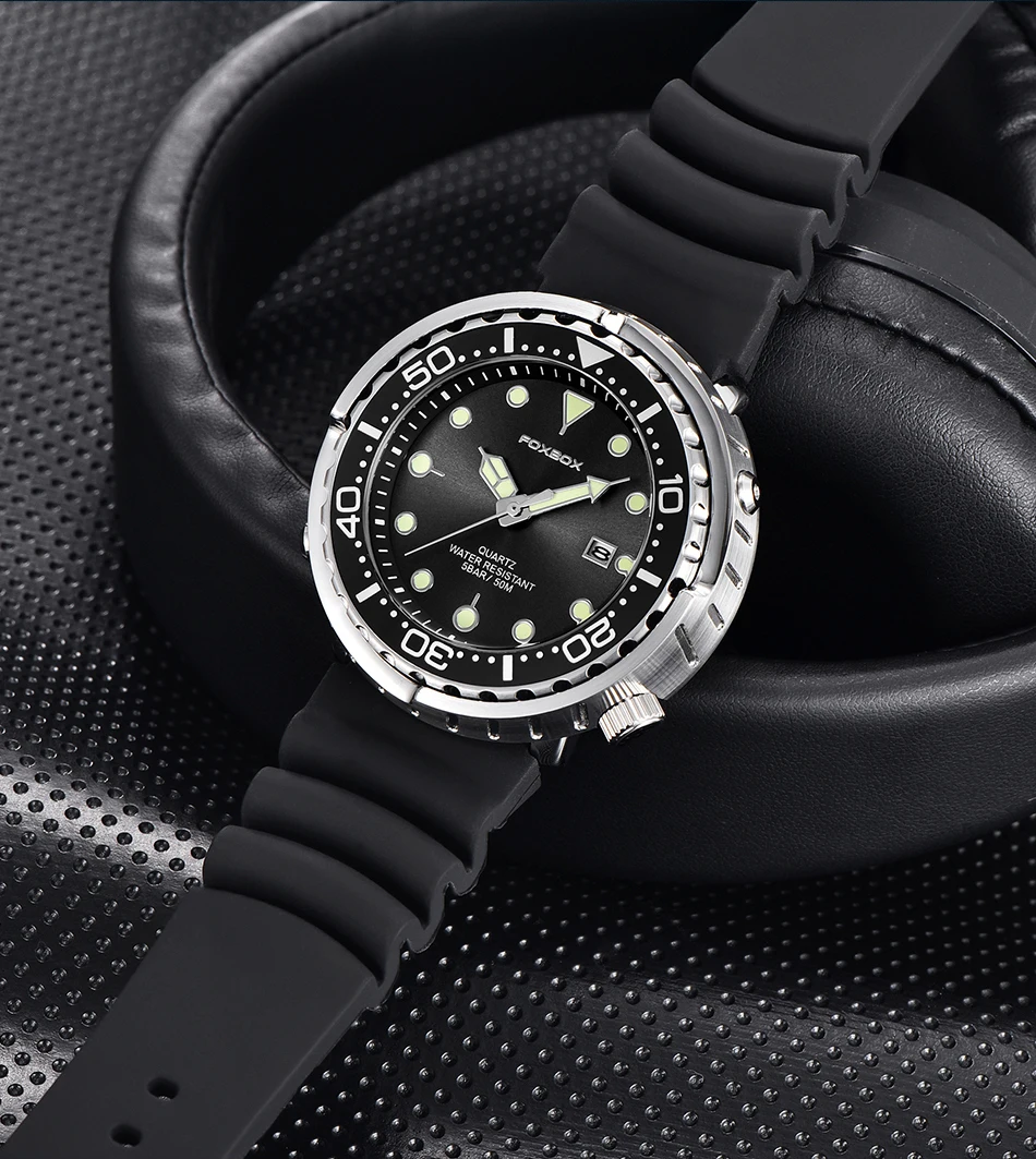 FOXBOX Top Brand Fashion Diver Watch Men 50ATM Waterproof Date Clock Sport Watches Mens Quartz Wristwatch Relogio Masculino