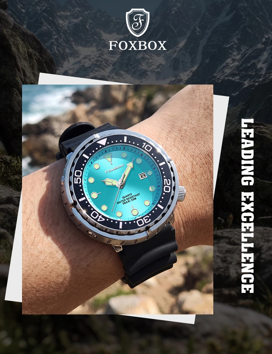 FOXBOX Top Brand Fashion Diver Watch Men 50ATM Waterproof Date Clock Sport Watches Mens Quartz Wristwatch Relogio Masculino