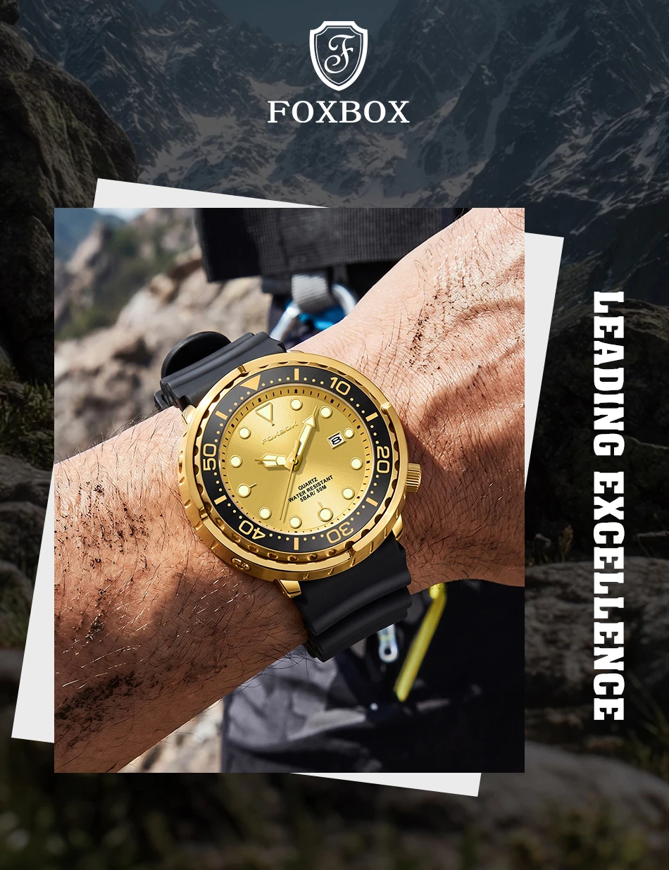FOXBOX Top Brand Fashion Diver Watch Men 50ATM Waterproof Date Clock Sport Watches Mens Quartz Wristwatch Relogio Masculino
