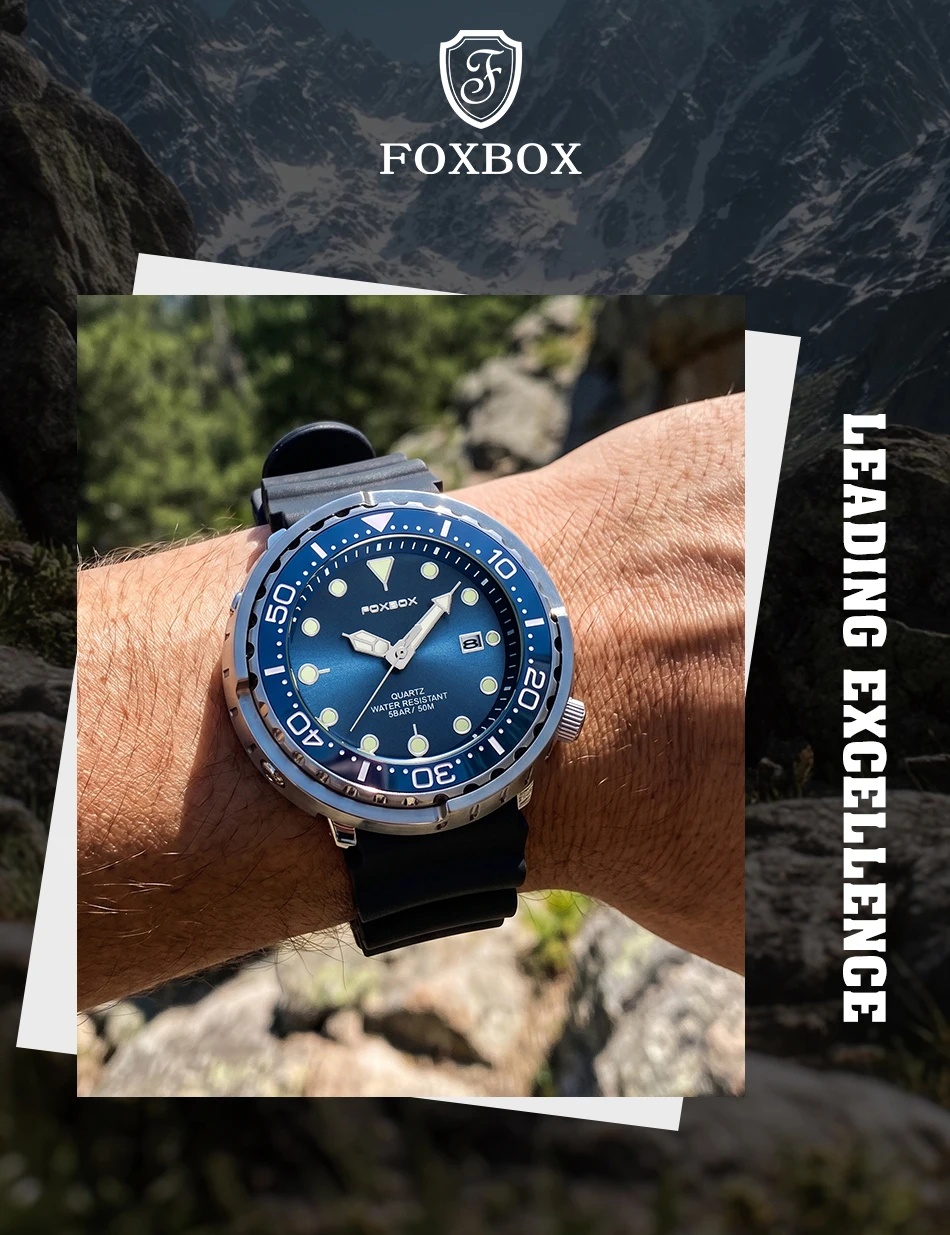 FOXBOX Top Brand Fashion Diver Watch Men 50ATM Waterproof Date Clock Sport Watches Mens Quartz Wristwatch Relogio Masculino