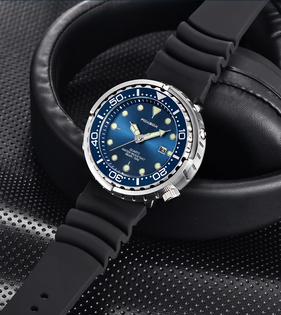 FOXBOX Top Brand Fashion Diver Watch Men 50ATM Waterproof Date Clock Sport Watches Mens Quartz Wristwatch Relogio Masculino