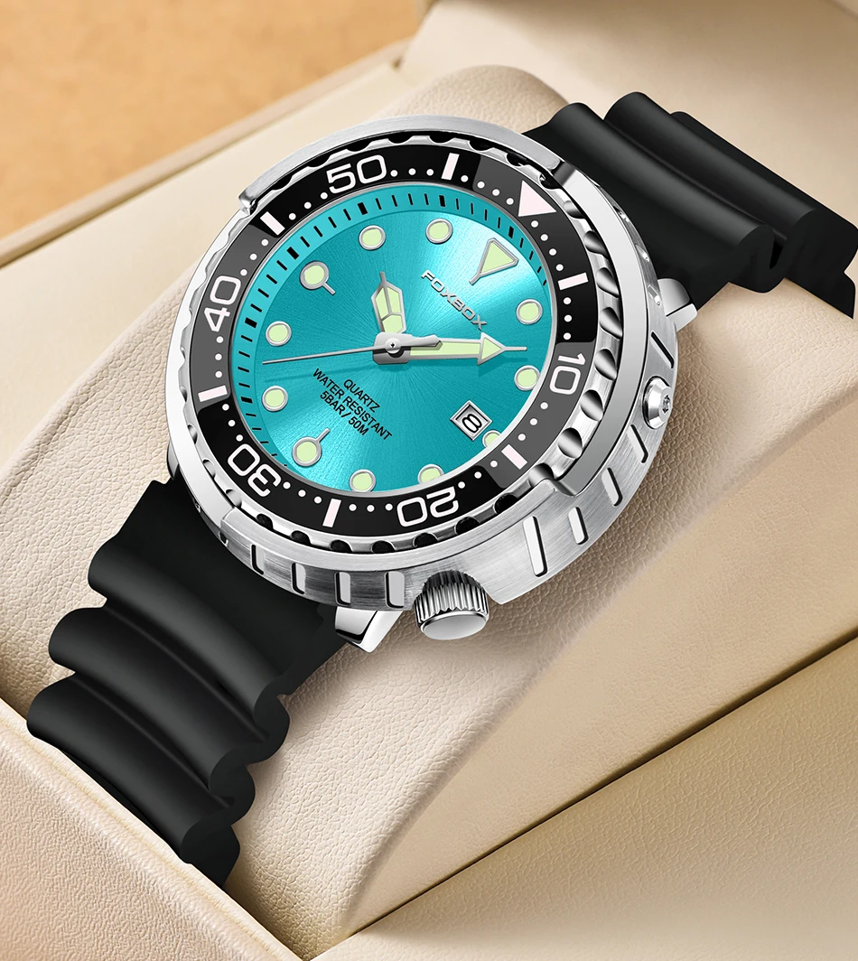 FOXBOX Top Brand Fashion Diver Watch Men 50ATM Waterproof Date Clock Sport Watches Mens Quartz Wristwatch Relogio Masculino