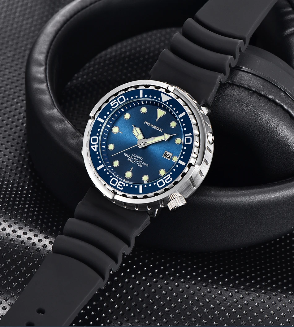 FOXBOX Top Brand Fashion Diver Watch Men 50ATM Waterproof Date Clock Sport Watches Mens Quartz Wristwatch Relogio Masculino