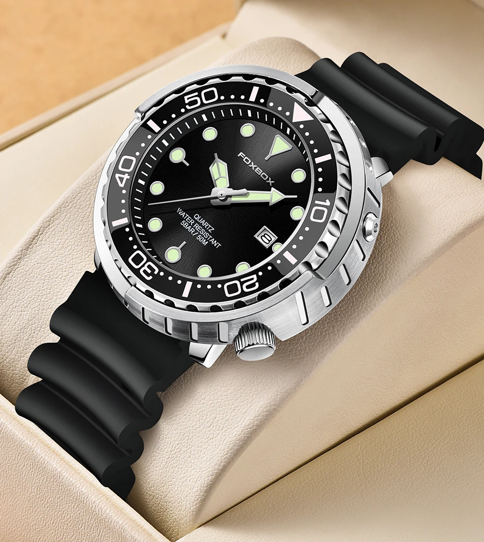 FOXBOX Top Brand Fashion Diver Watch Men 50ATM Waterproof Date Clock Sport Watches Mens Quartz Wristwatch Relogio Masculino
