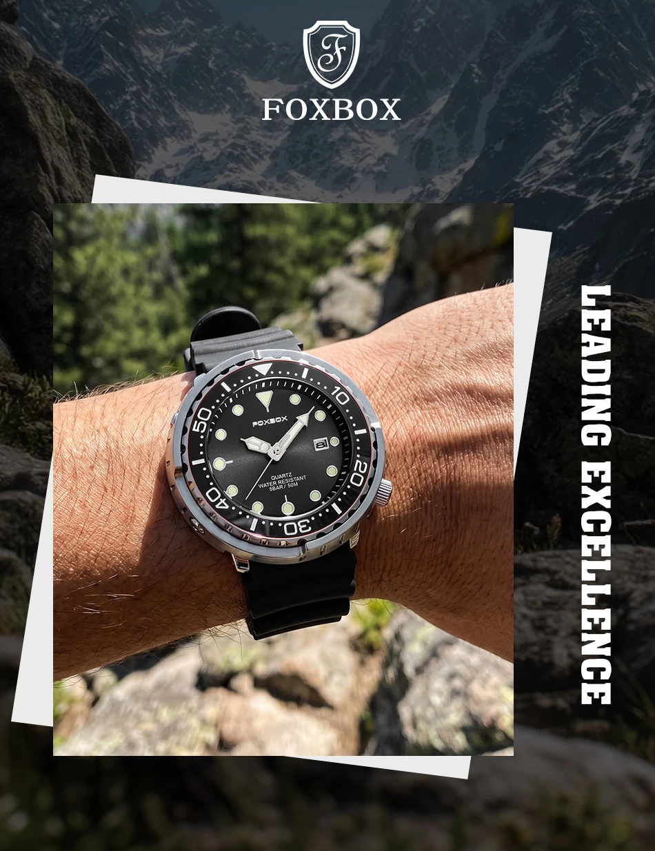 FOXBOX Top Brand Fashion Diver Watch Men 50ATM Waterproof Date Clock Sport Watches Mens Quartz Wristwatch Relogio Masculino