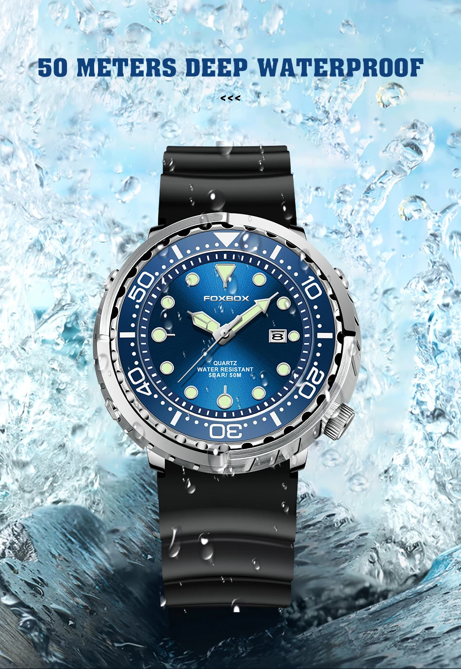 FOXBOX Top Brand Fashion Diver Watch Men 50ATM Waterproof Date Clock Sport Watches Mens Quartz Wristwatch Relogio Masculino