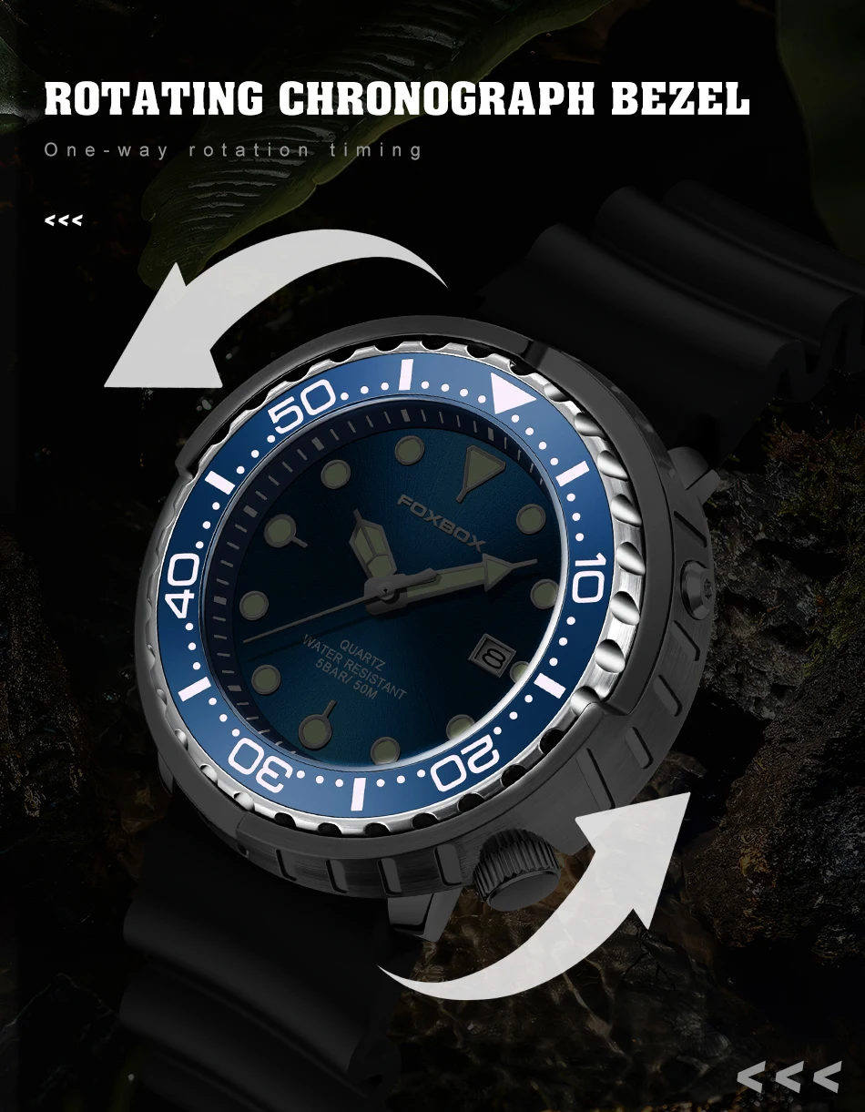 FOXBOX Top Brand Fashion Diver Watch Men 50ATM Waterproof Date Clock Sport Watches Mens Quartz Wristwatch Relogio Masculino