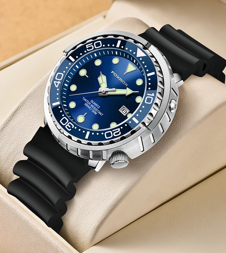 FOXBOX Top Brand Fashion Diver Watch Men 50ATM Waterproof Date Clock Sport Watches Mens Quartz Wristwatch Relogio Masculino