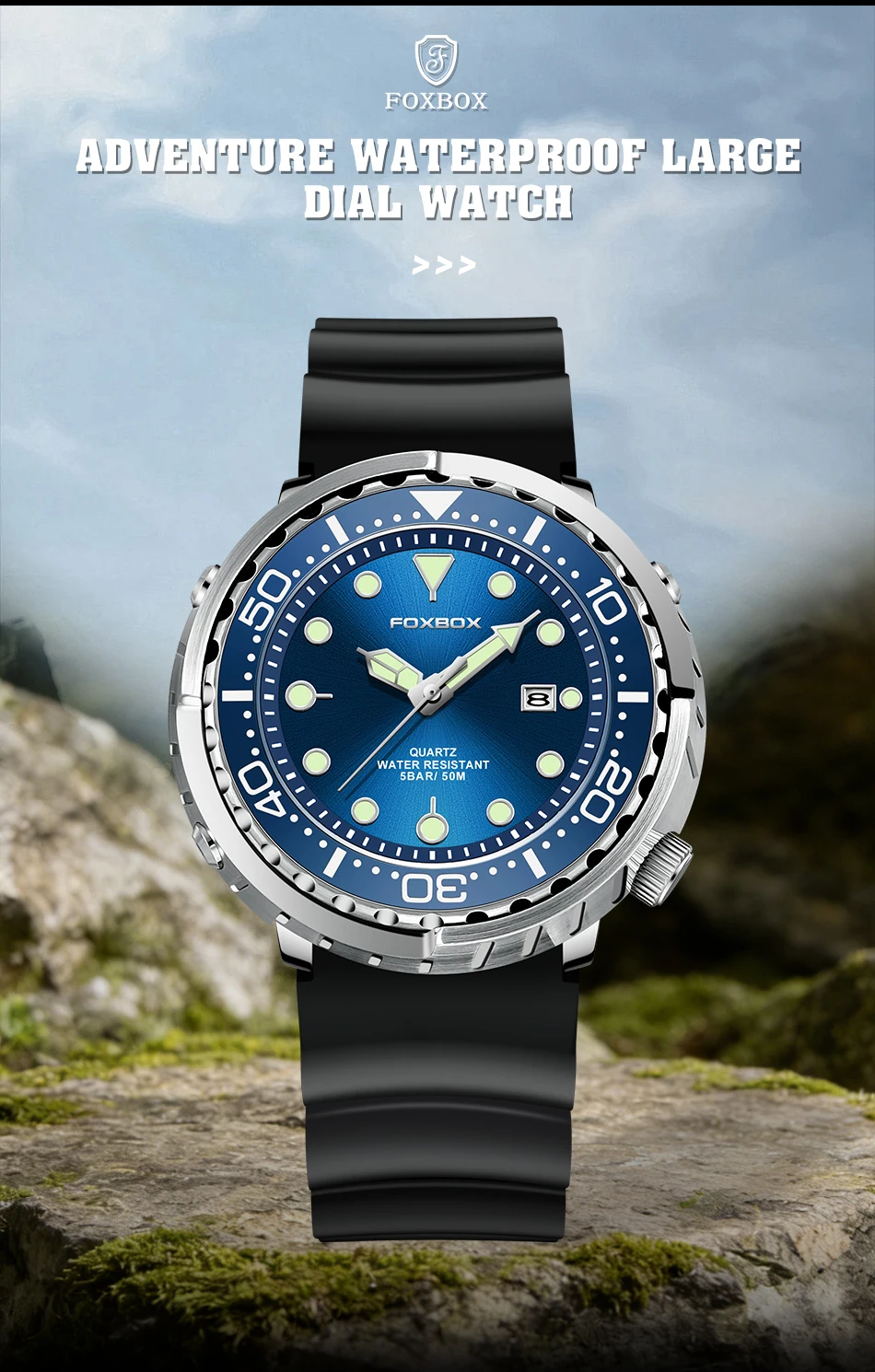 FOXBOX Top Brand Fashion Diver Watch Men 50ATM Waterproof Date Clock Sport Watches Mens Quartz Wristwatch Relogio Masculino