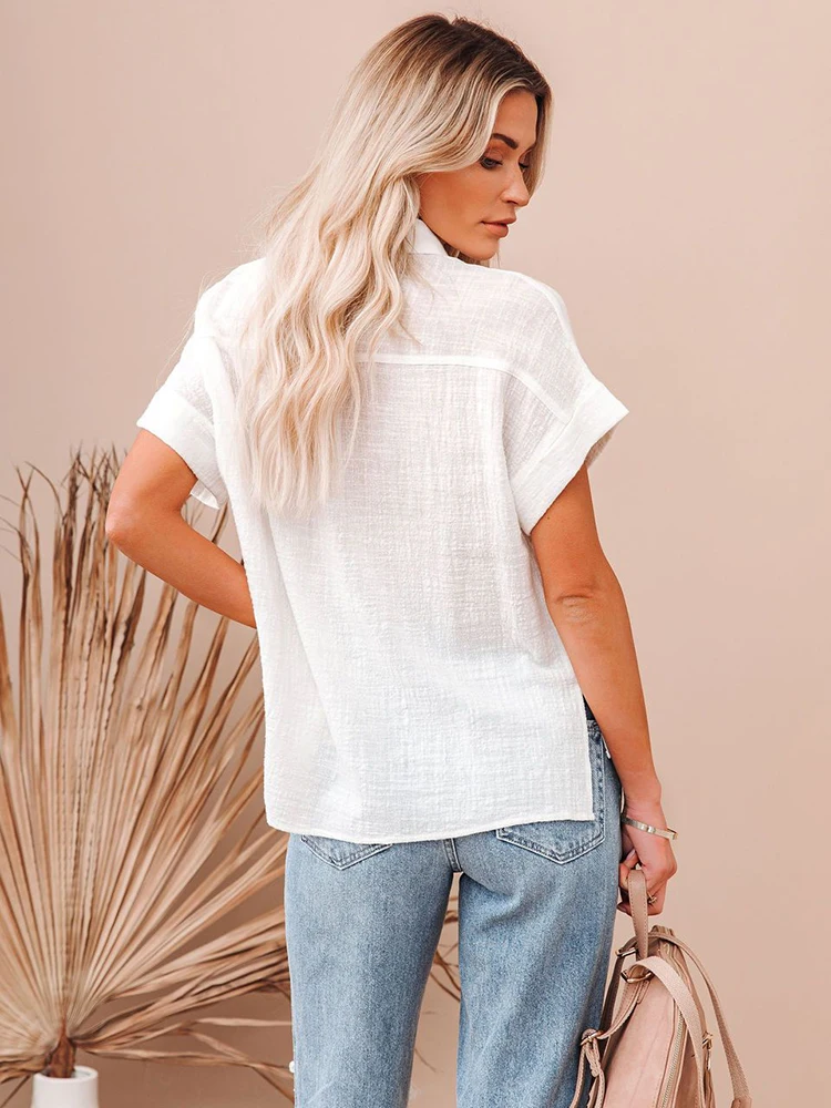 Casual Solid Short Sleeve Cotton Linen Loose Blouse Vintage Harajuku Oversized Shirt Elegant Tunic Summer Tops Women 2022