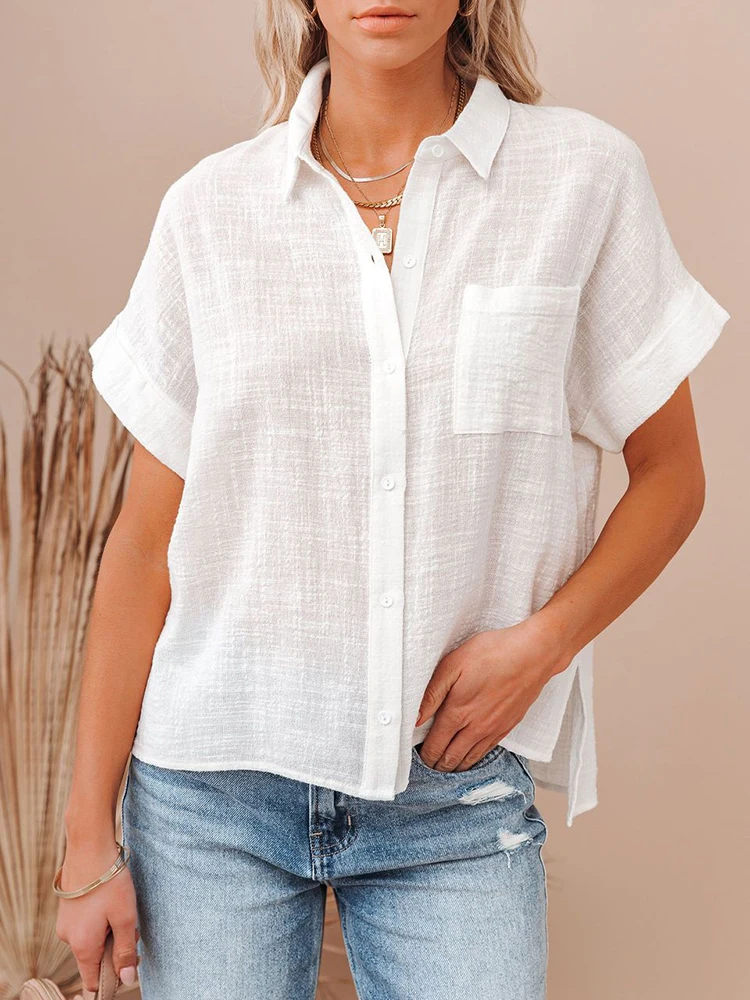 Casual Solid Short Sleeve Cotton Linen Loose Blouse Vintage Harajuku Oversized Shirt Elegant Tunic Summer Tops Women 2022