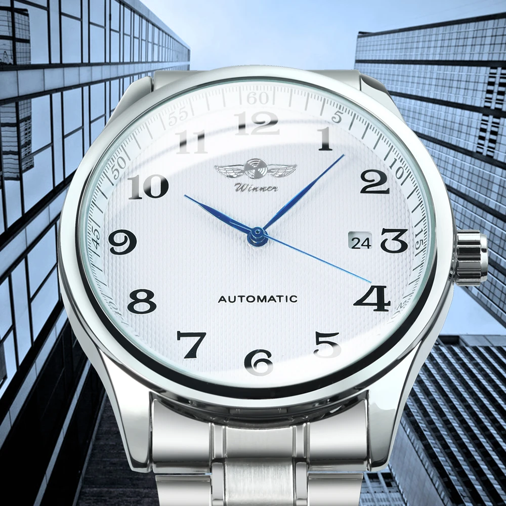Winner Classic Business Watch for Men Retro Calendar Blue Hands Automatic Mechanical Watches Top Brand Luxury Steel Leather Belt