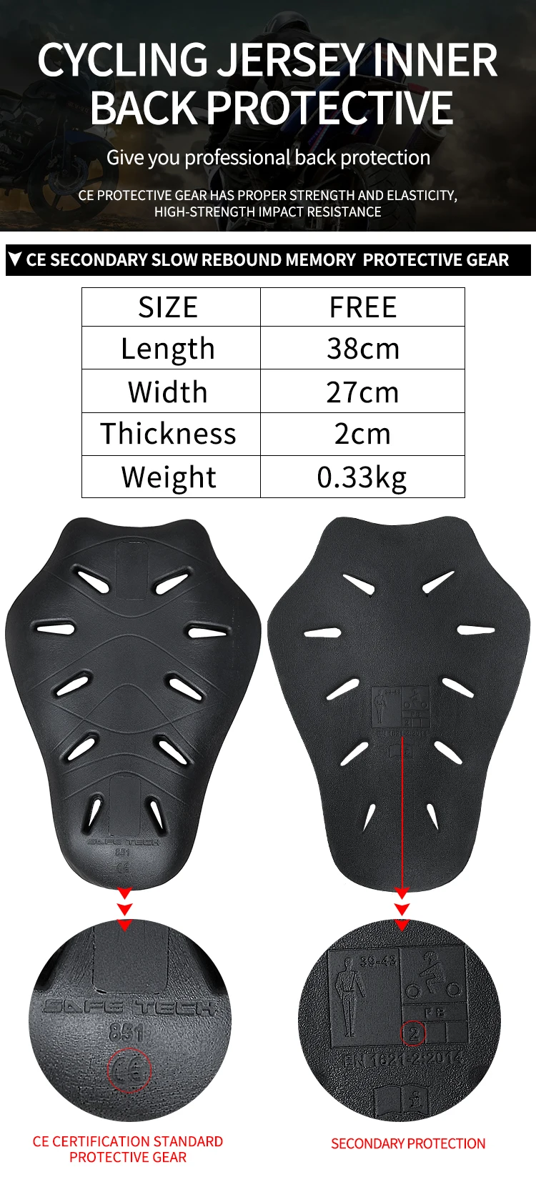 LYSCHY Motorcycle Back Protector Armor CE 2 Level Certification Body Protection Motorbike Motocross Racing Built-in Back Armor