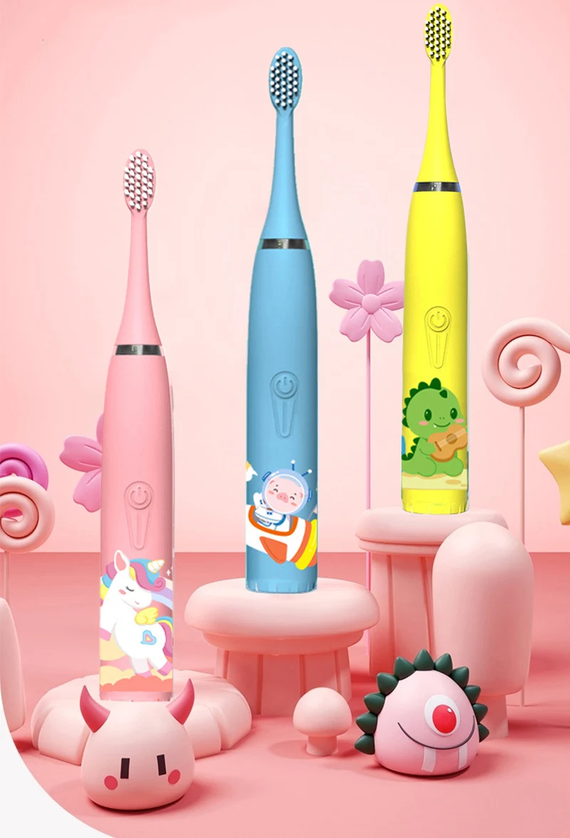 Children Electric Toothbrush Cartoon Kids With Replacement Head Ultrasonic IPX7 Waterproof Rechargeable Sonic Toothbrush