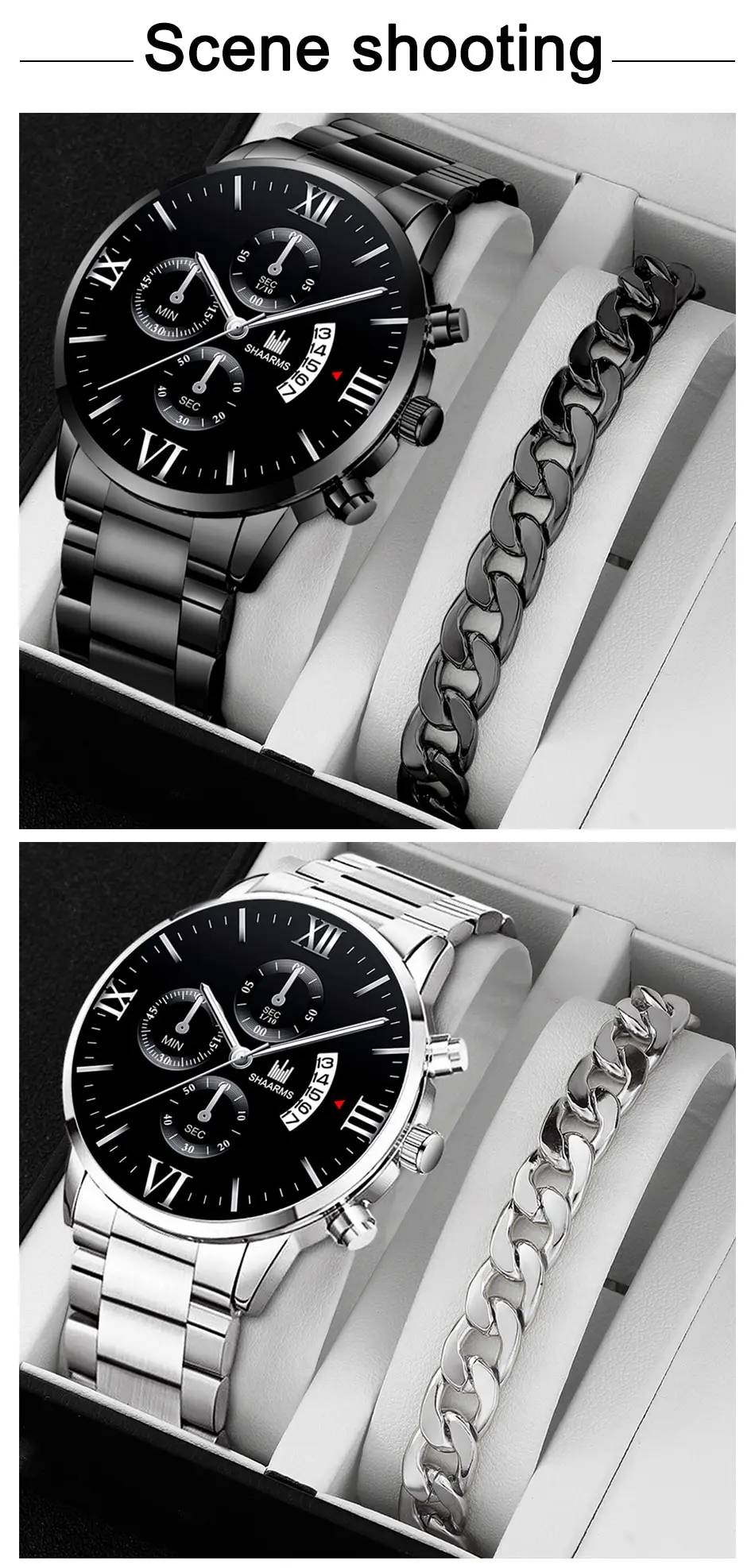 Mens Fashion Business Quartz Watch Fashion Fake Three Eye Six Pin Calendar Men Watch Stainless Steel Belt Men Watches