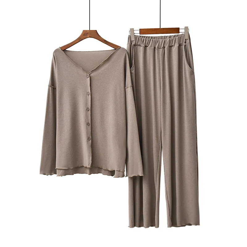 Japanese New Style Cotton Pajamas Suit Ladies Spring And Autumn Cardigan Solid Color Long-sleeved Trousers Home Service Suit