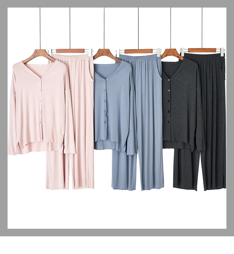 Japanese New Style Cotton Pajamas Suit Ladies Spring And Autumn Cardigan Solid Color Long-sleeved Trousers Home Service Suit