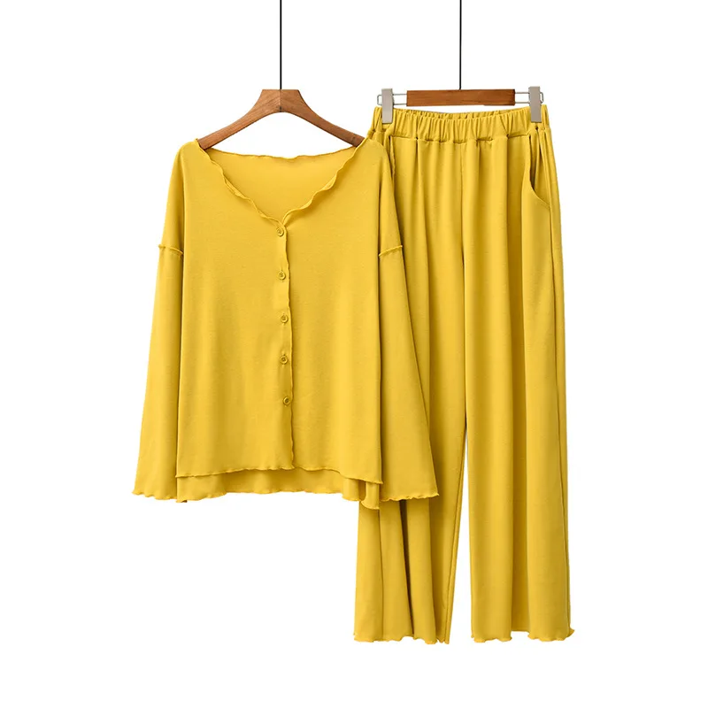 Japanese New Style Cotton Pajamas Suit Ladies Spring And Autumn Cardigan Solid Color Long-sleeved Trousers Home Service Suit