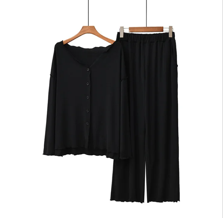 Japanese New Style Cotton Pajamas Suit Ladies Spring And Autumn Cardigan Solid Color Long-sleeved Trousers Home Service Suit