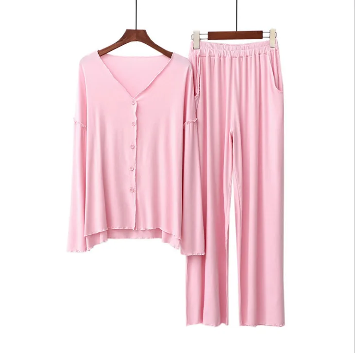 Japanese New Style Cotton Pajamas Suit Ladies Spring And Autumn Cardigan Solid Color Long-sleeved Trousers Home Service Suit