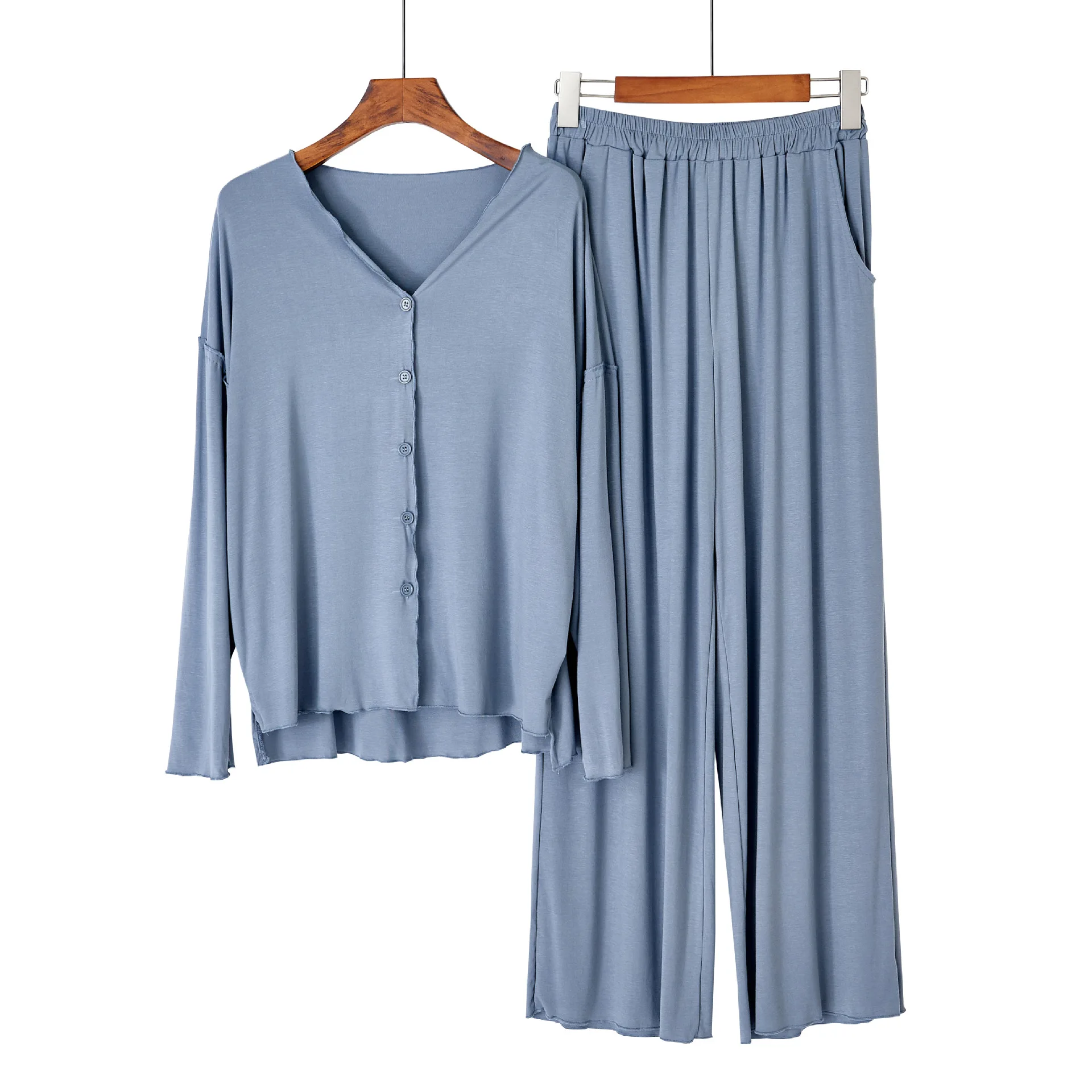 Japanese New Style Cotton Pajamas Suit Ladies Spring And Autumn Cardigan Solid Color Long-sleeved Trousers Home Service Suit